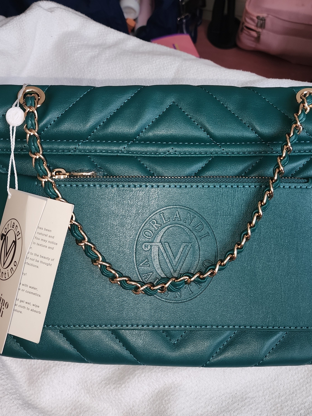 Valentino Orlandi Teal Quilted Crossbody with Gold Chain - Picture 2 of 7